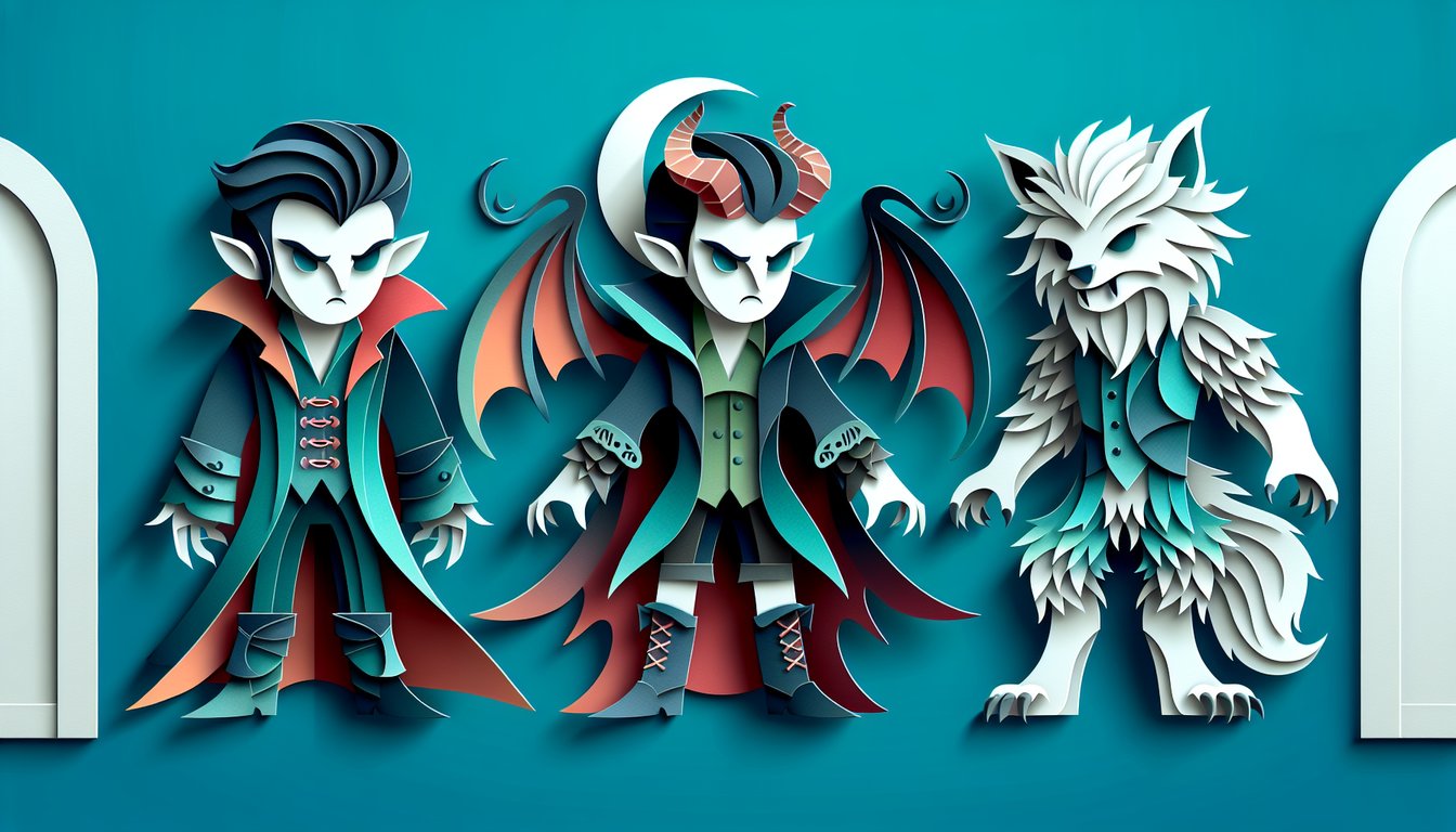 Paper art style vampire demon and werewolf icons with quiz title on teal background