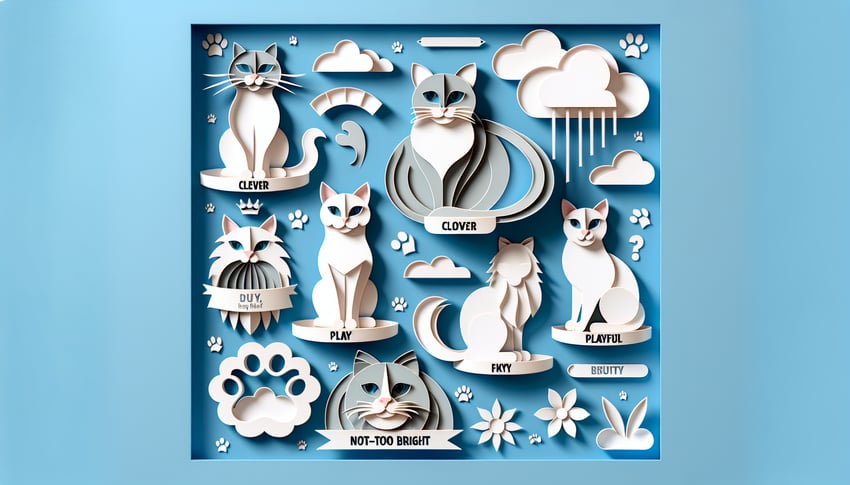 Paper art cat faces showing curious, playful, and silly expressions on sky blue background for cattitude quiz.