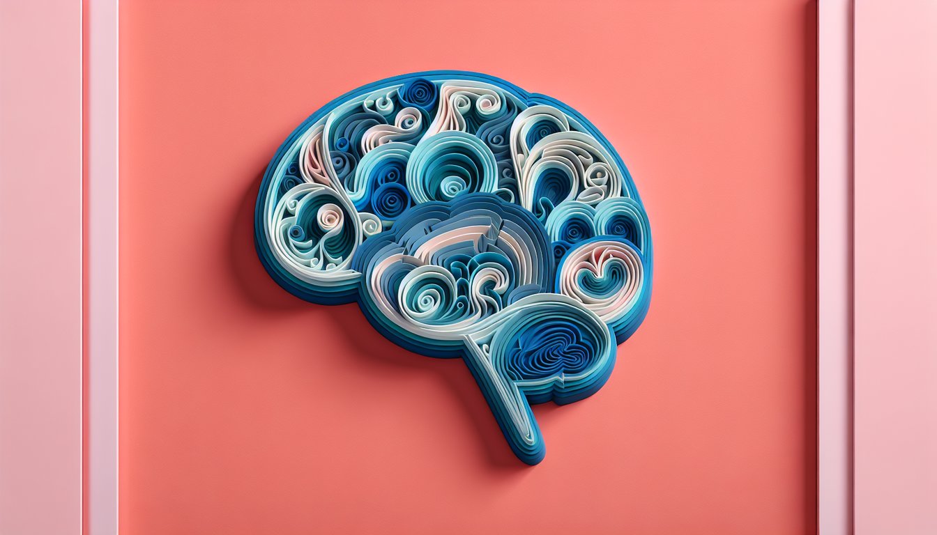 Paper art collage of brain layers charts symptoms causes myths quiz prompt on coral background