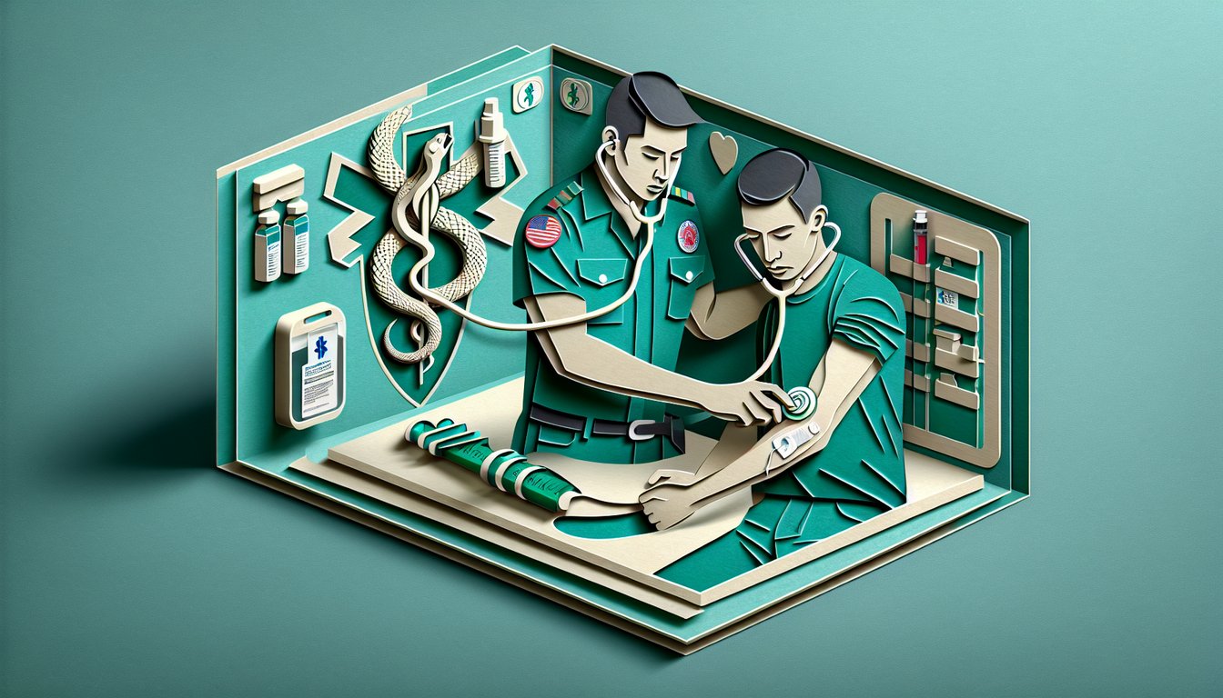 Paper art illustration of EMT Module 4 quiz on teal background showing vital signs venomous bite epinephrine icons