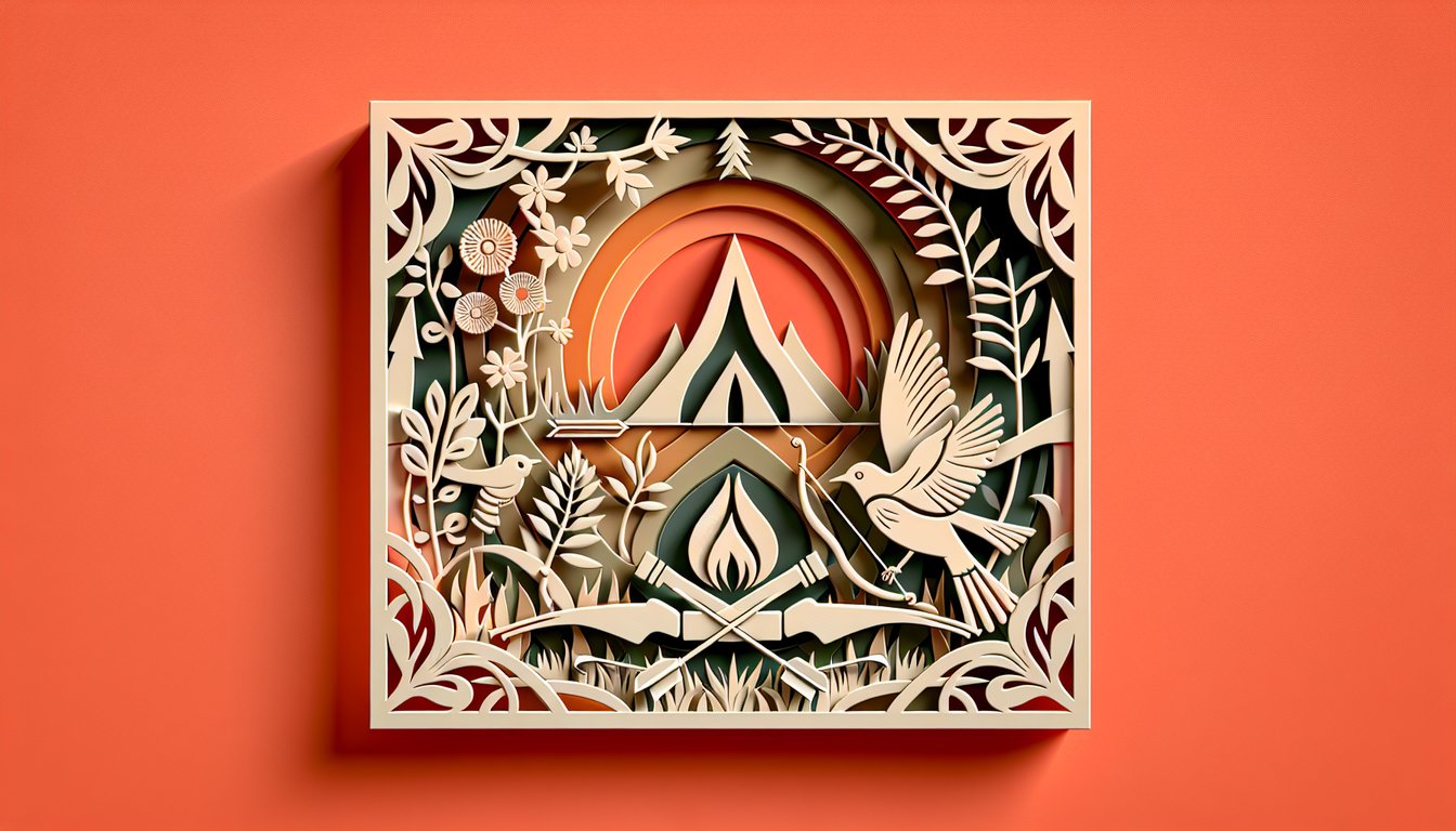 Paper cut illustration of male silhouettes arrows roses on coral background for quiz to find your Hunger Games match