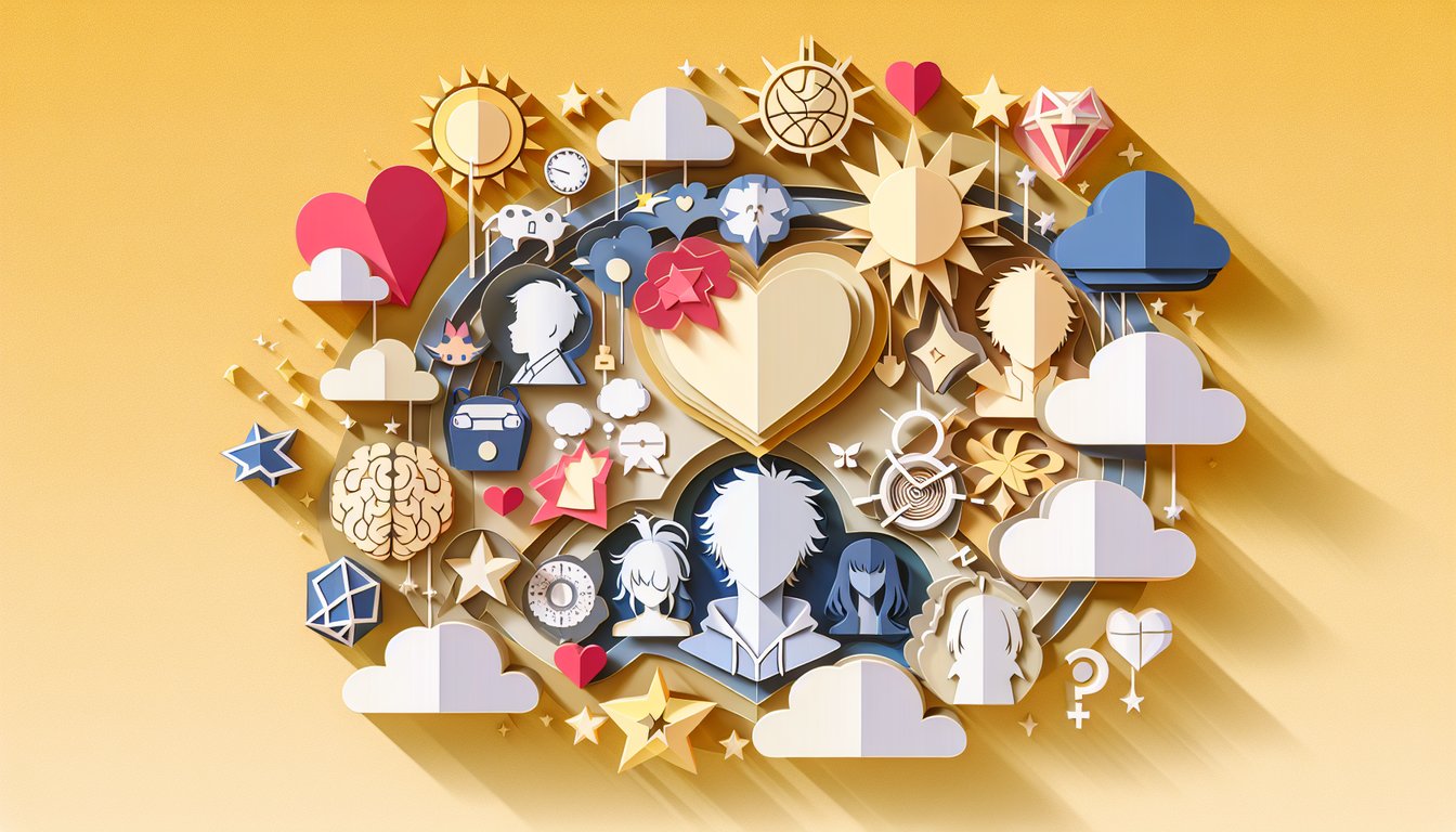 Paper art illustration showing characters and quiz elements on a golden yellow background for Monogatari personality quiz.