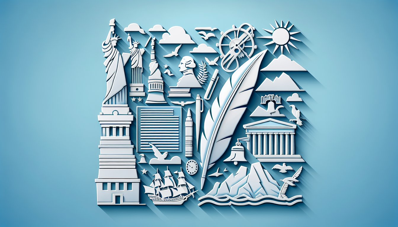 Paper art illustration featuring US history trivia quiz elements on a sky blue background
