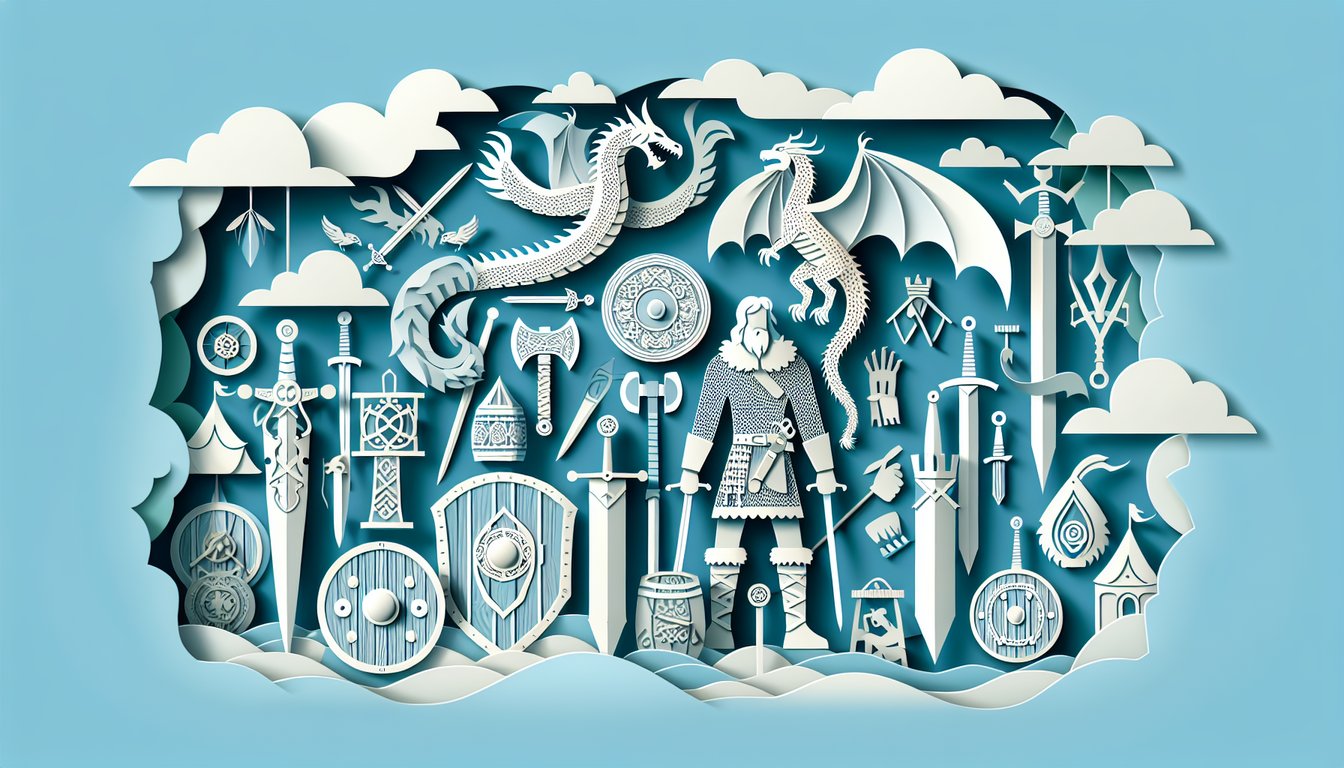 paper art illustration featuring Beowulf kennings quiz text on sky blue background
