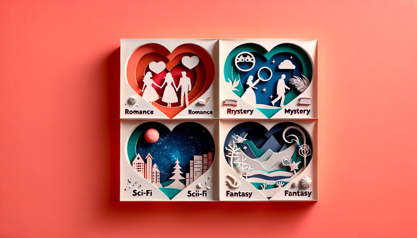 Paper art quiz illustration determining best suited book and movie genre on a coral background