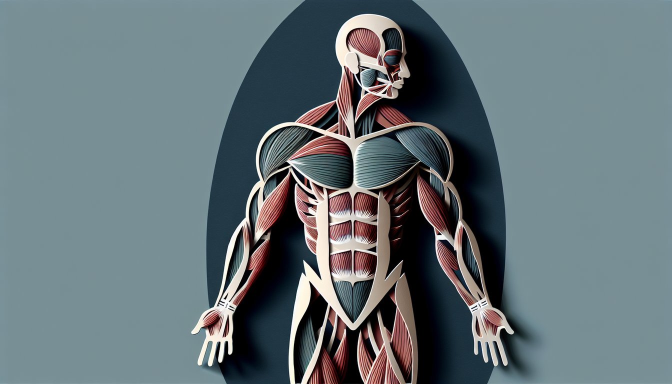 Paper art illustration of human torso muscles on dark blue background for free body muscle identification quiz