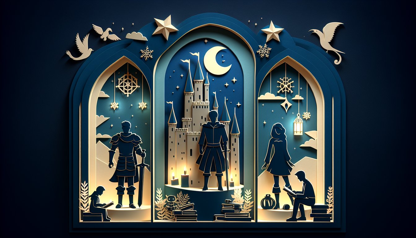 Paper art illustration for Howls Moving Castle character personality quiz on dark blue background