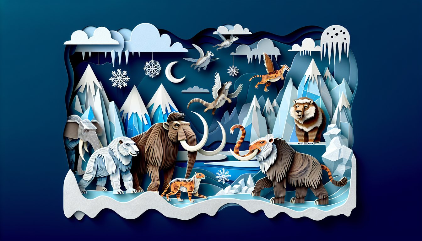 Paper art illustration for Ice Age personality quiz on a dark blue background