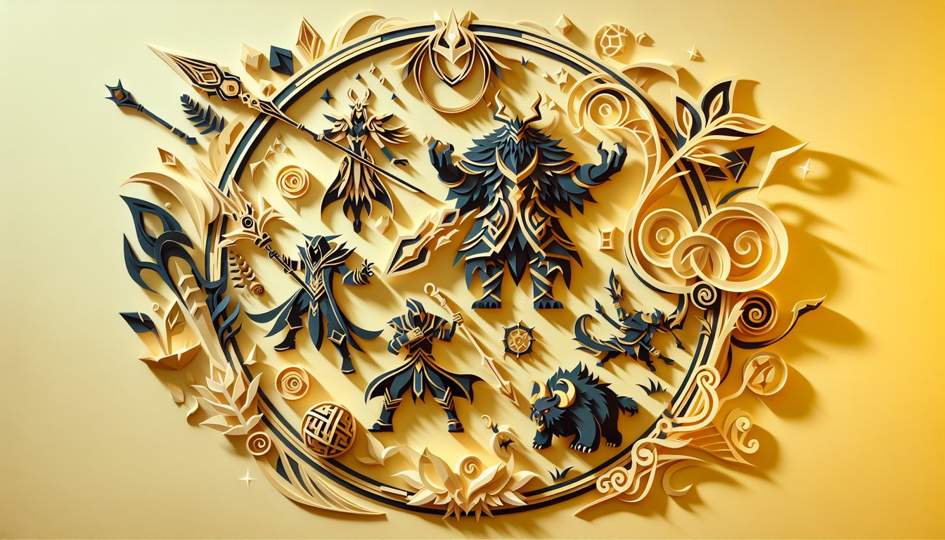 Paper art illustration for League of Legends quiz on a golden yellow background