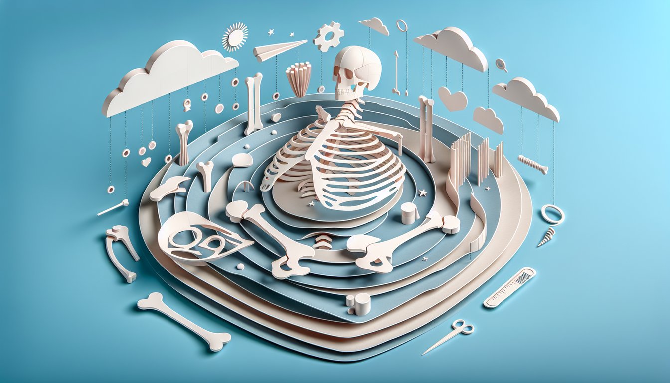 Paper art skeleton with humerus and capitulum labels on sky blue background for bone labeling quiz