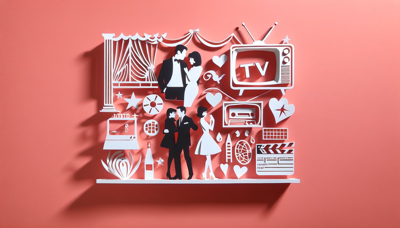 Paper art illustration of drama romance icons and quiz elements for Violetta TV Series on coral background.