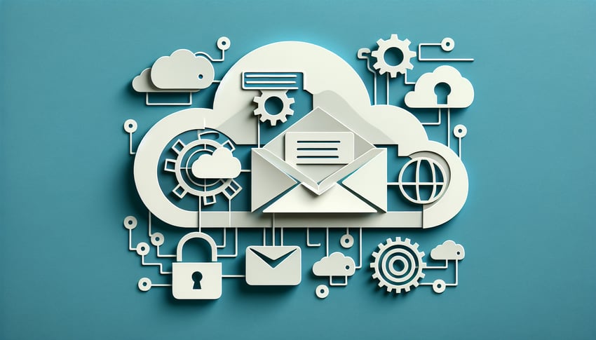 Paper art illustration for Powweb Hosting quiz on email and login knowledge on a teal background