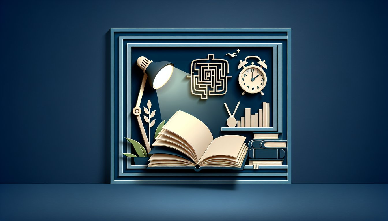 Paper art of open book and quiz icons on dark blue background promoting Night chapters 1 5 quiz