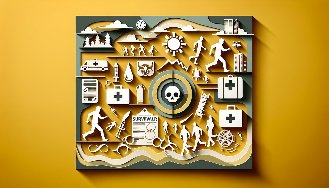 Paper art zombie hand reaches for calculator and shield on golden yellow background.