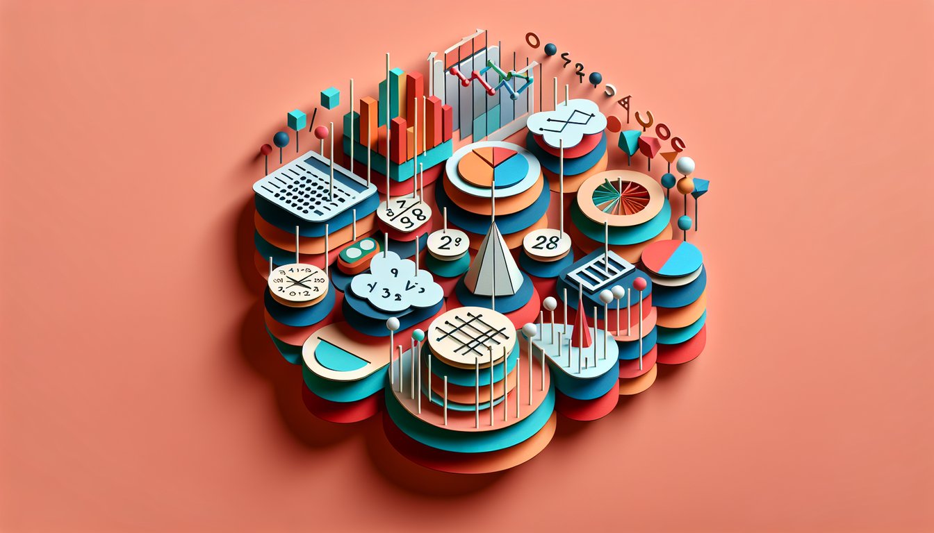 Paper art numbers letters symbols and question marks on coral background for P5 algebra core math quiz