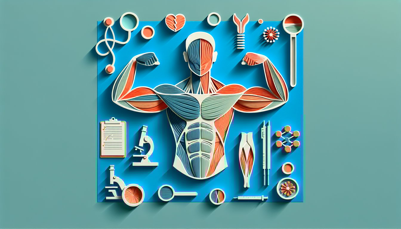 Paper art illustration of human muscle system quiz on sky blue background with magnifying glass muscle fibers question icons