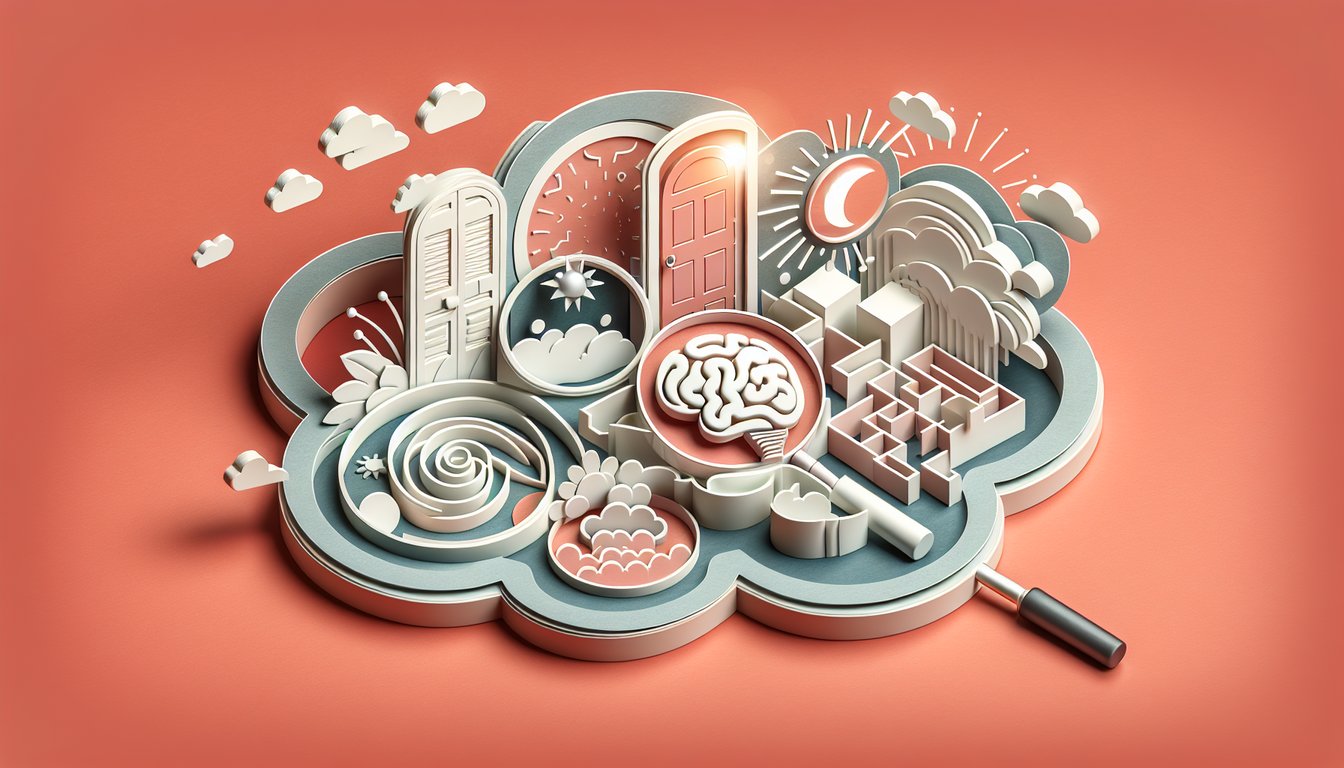 Paper art illustration for dream analysis quiz on a coral background
