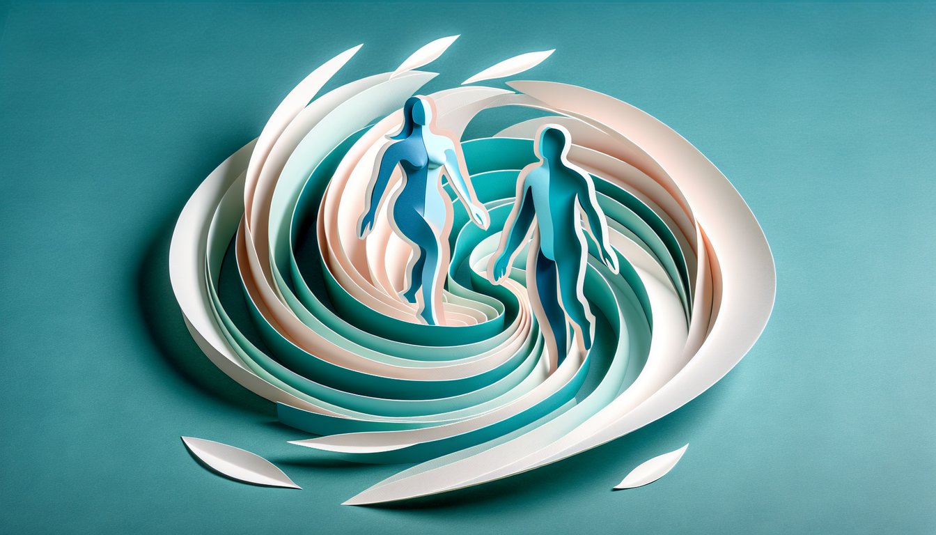 Paper art illustration shows two layered silhouettes swapping heads over a teal background for a body swap quiz