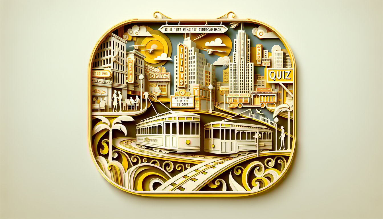 Paper cut collage of streetcar and city shapes for quiz on Until They Bring the Streetcars Back golden yellow background