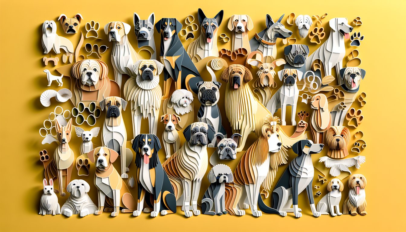 Paper art illustration of AKC dog breeds on golden yellow background for free breed quiz challenge