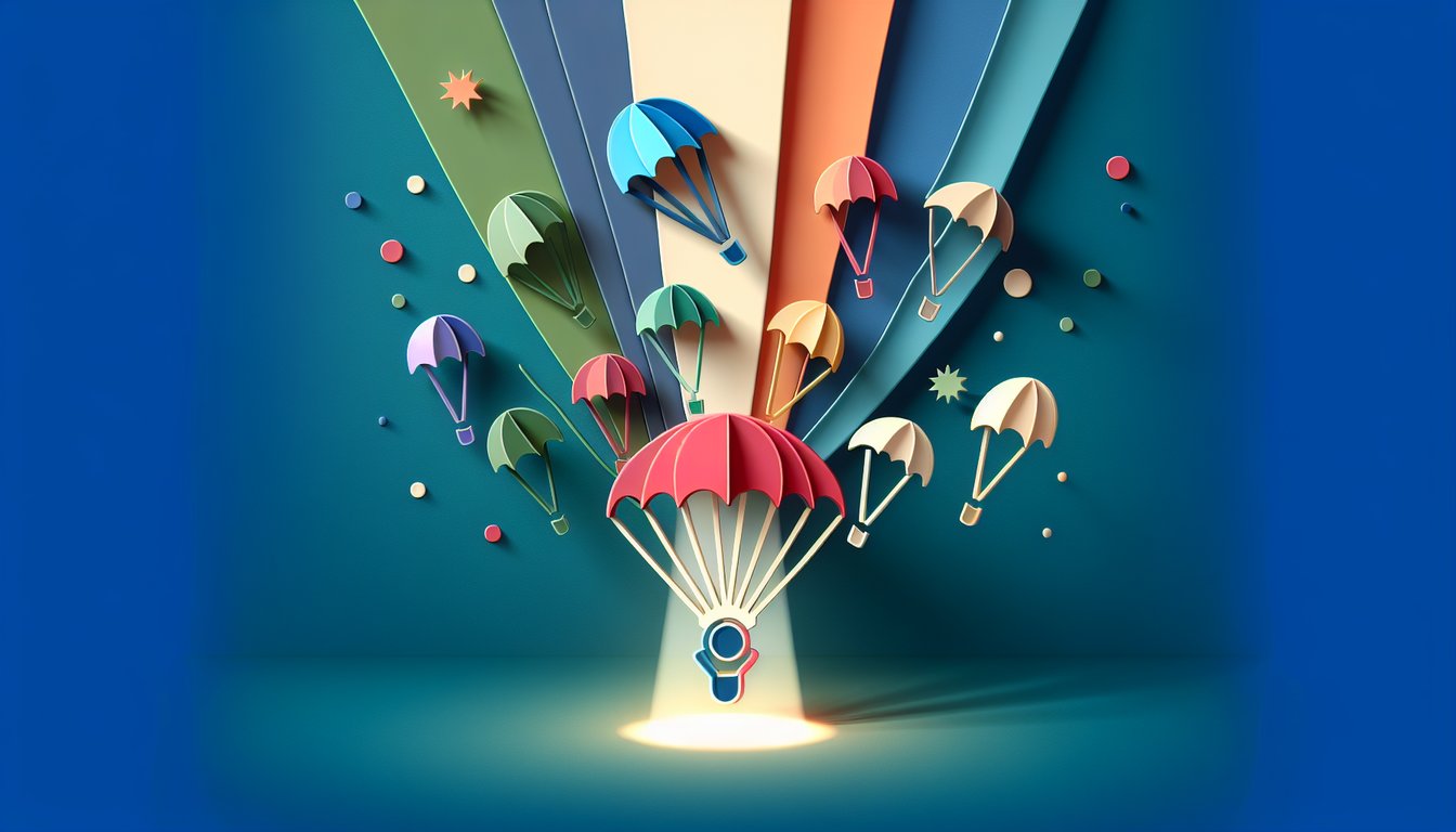 Paper art illustration with multicolored parachutes, quiz banner on teal background inviting personal color reveal.