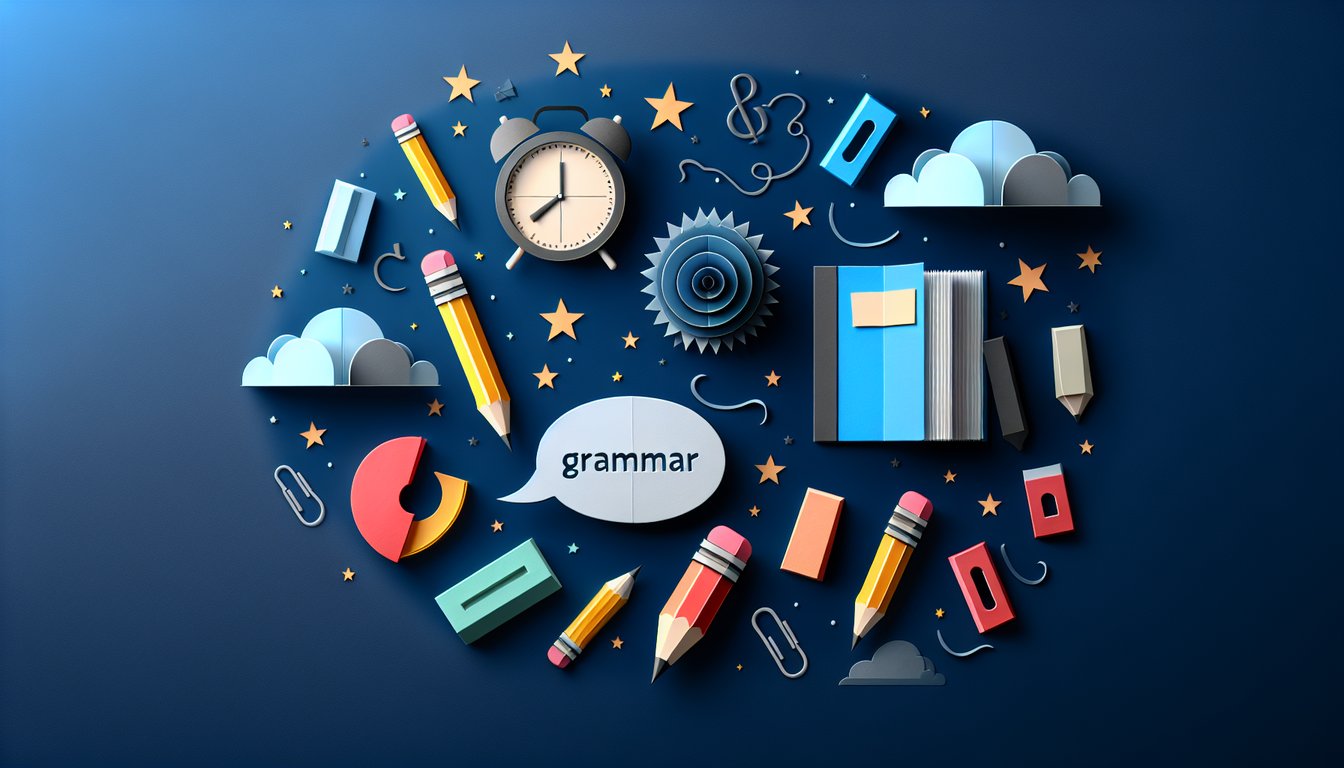 Colorful paper art depicting elements related to a Grammar Knowledge Quiz.