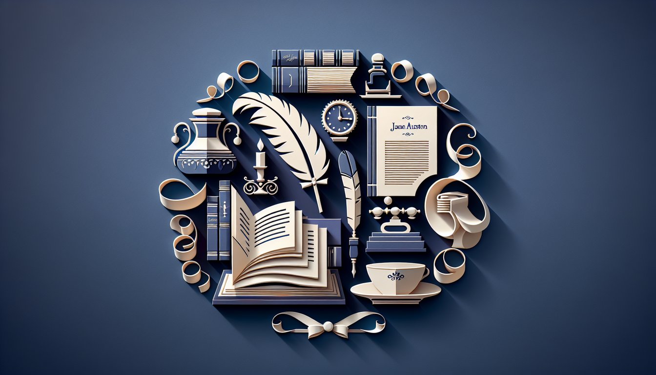 Paper art collage with quill open book pages and Jane Austen silhouette on dark blue background for personality quiz