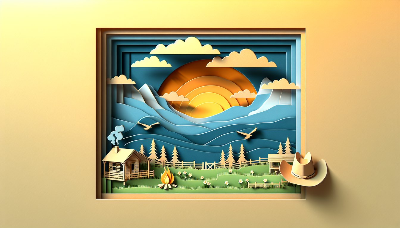 Paper art illustration of cowboy silhouettes on golden yellow background for Brokeback Mountain character personality quiz