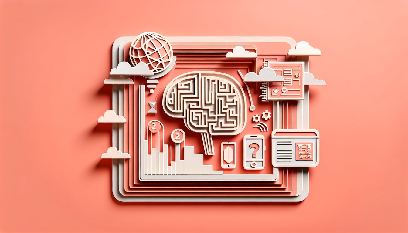 Paper art illustration for online abbreviation quiz on a coral background