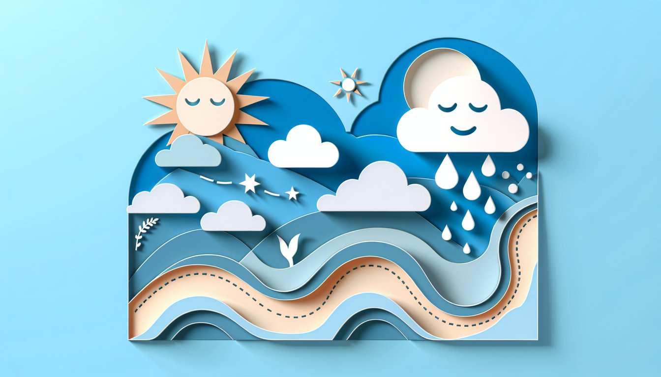 Paper art cutout style sad figure with thought bubble mood quiz prompt on sky blue background