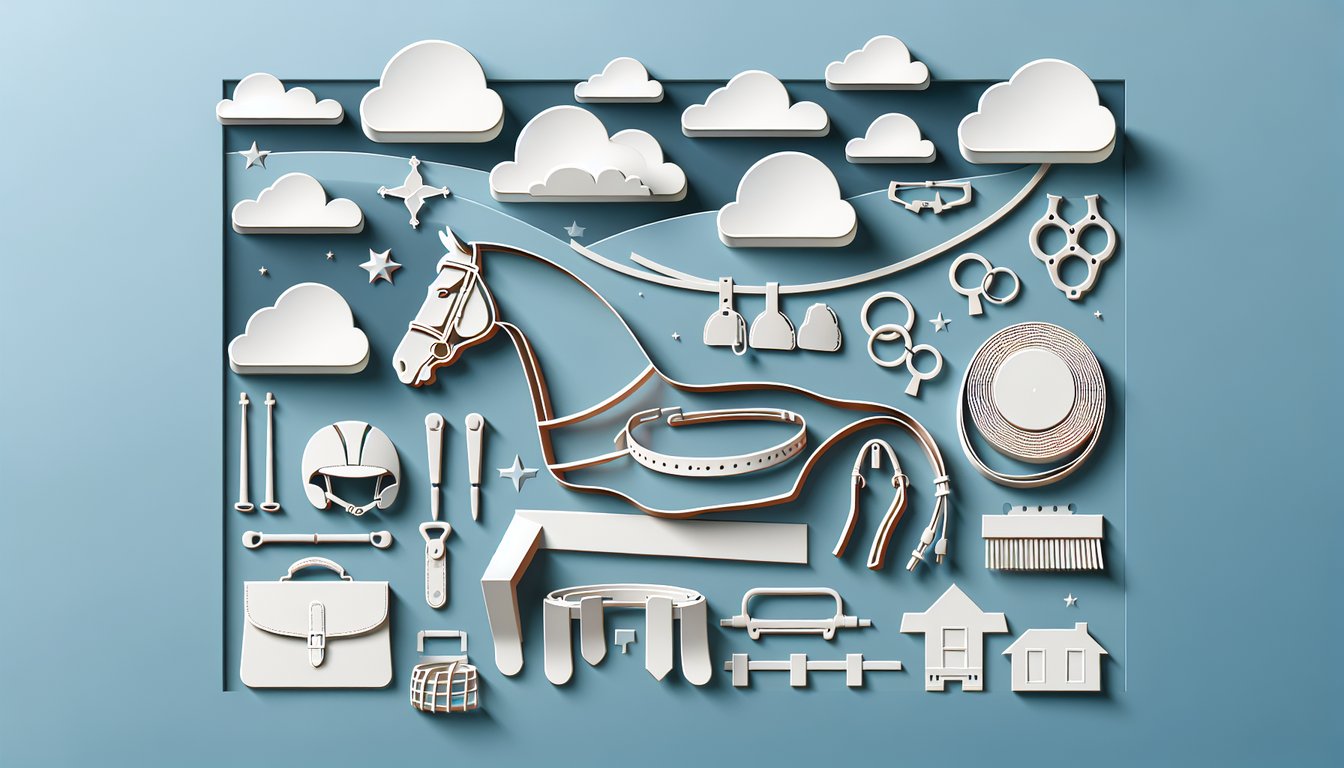 Paper art horse head silhouette with bridles and bit designs and quiz heading on sky blue background