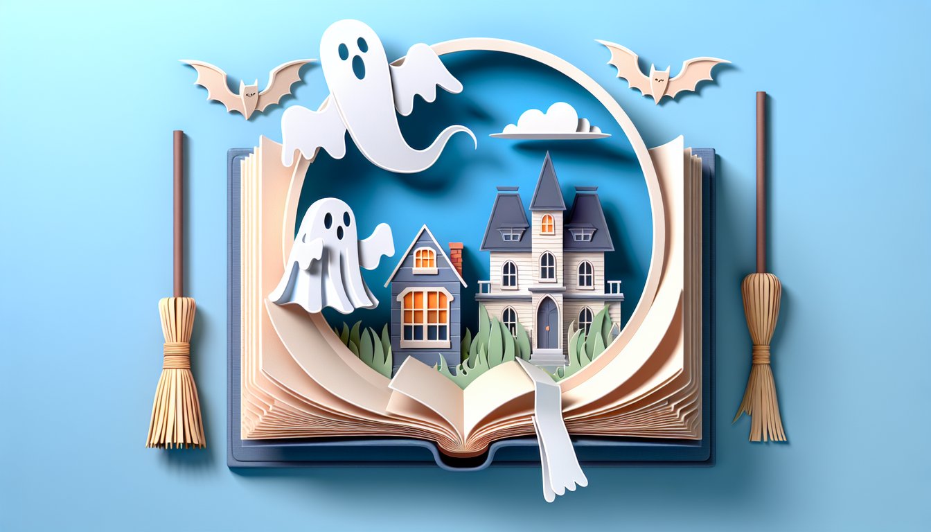 Paper art ghosts and mansion on sky blue background for Casper movie trivia featuring Desmond Spellman Aunt Agatha