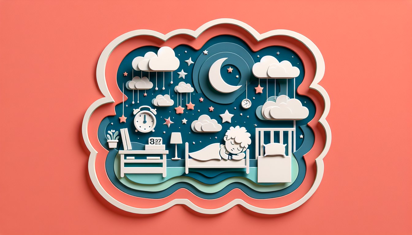 Paper cut illustration of child sleeping with quiz icon and text about child sleep apnea signs on coral background