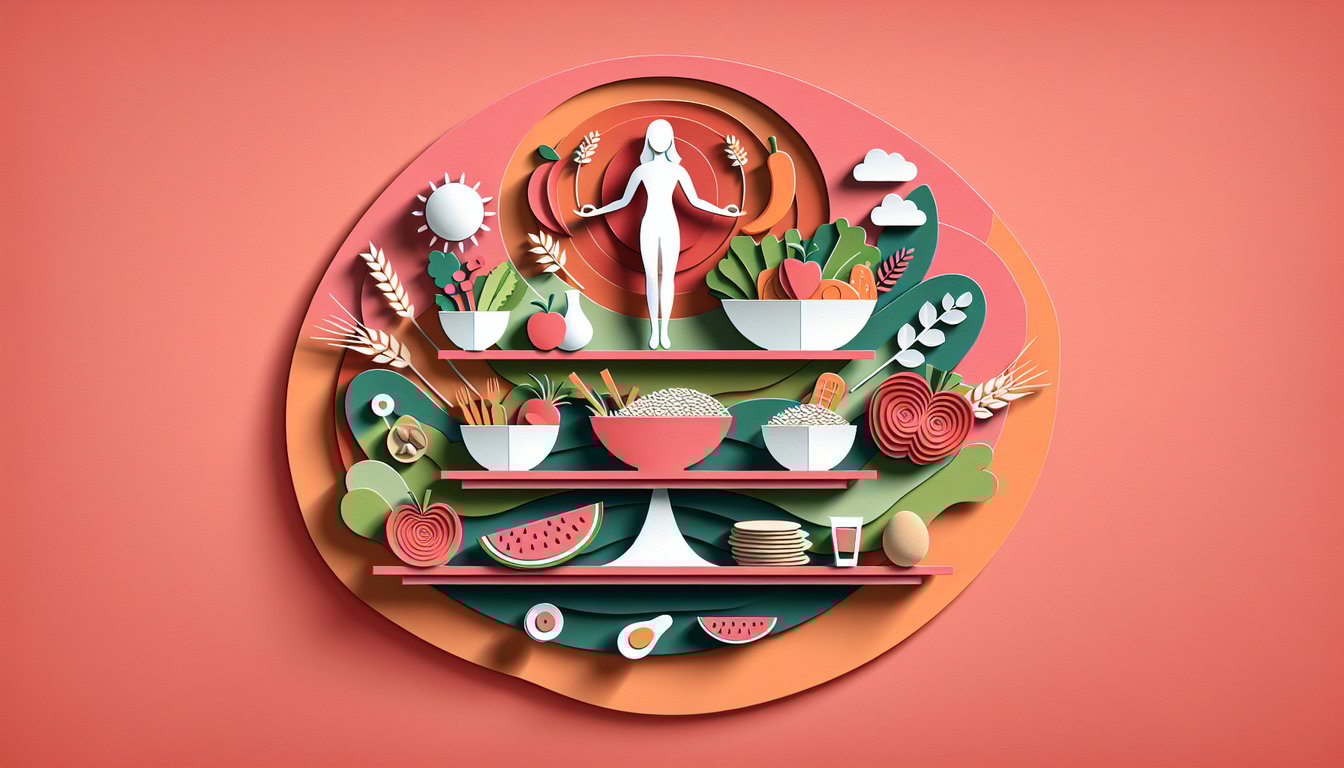 Paper art illustration for Food Freedom Quiz on a coral background promoting mindful eating and nutrition tips