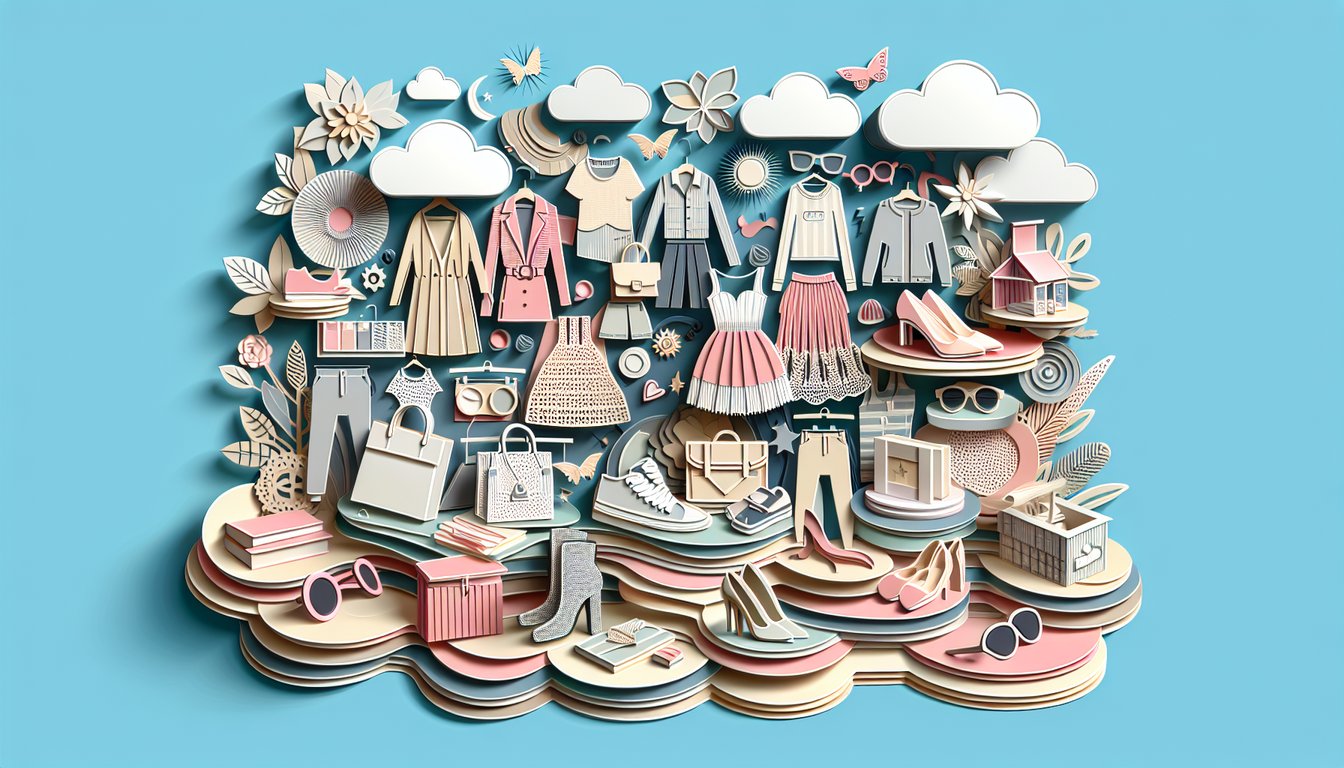 Paper art illustration for Stitch Fix style personality quiz on a sky blue background