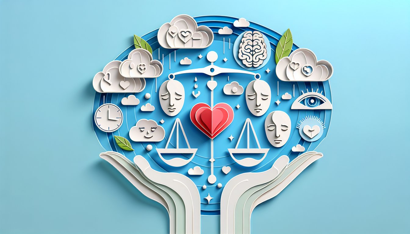 Paper art brain heart puzzle icons on sky blue background representing emotional intelligence quiz
