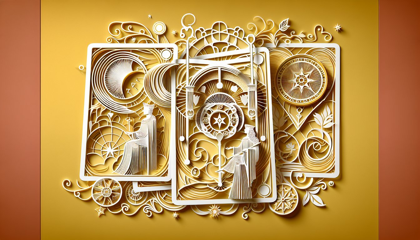Paper art tarot cards spread quiz elements question mark icon on golden yellow background