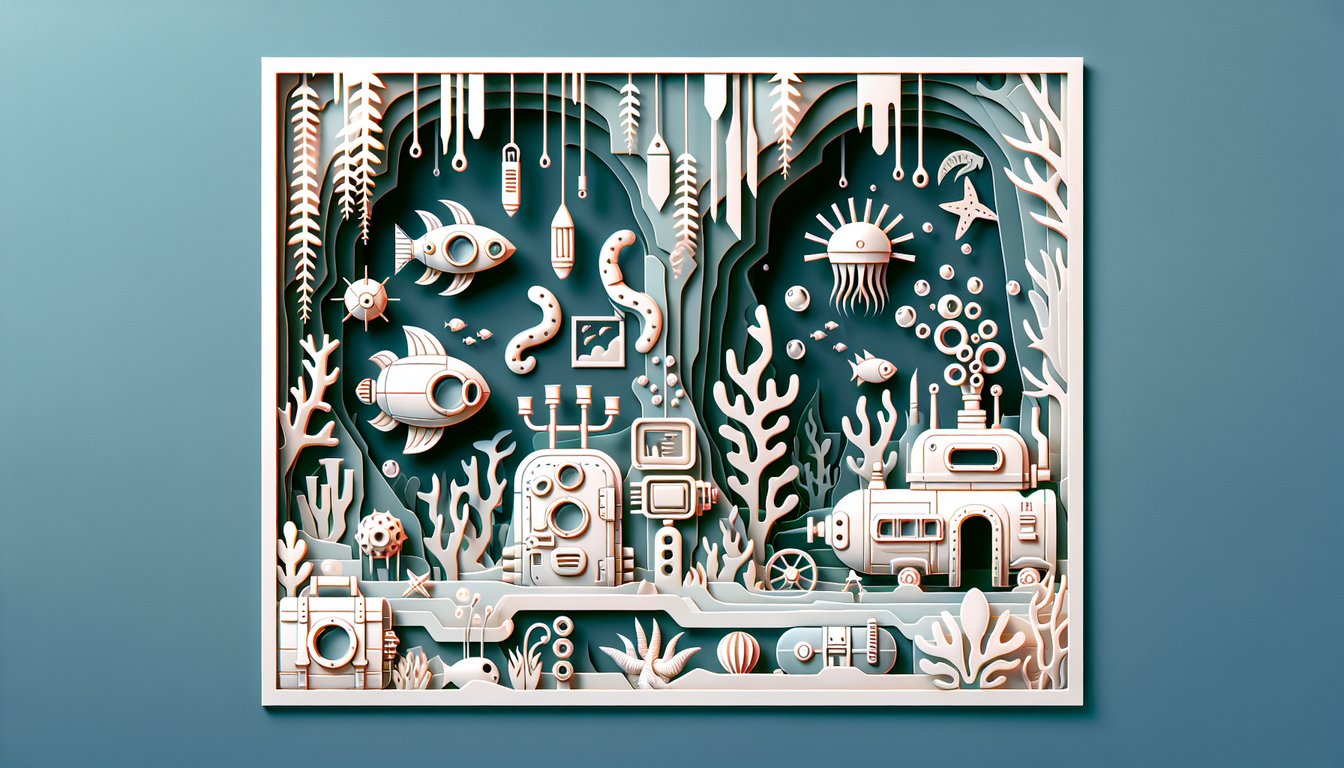 Paper art illustration of Subnautica quiz theme shows alien sea creatures crafting tools hidden secrets on coral backdrop.