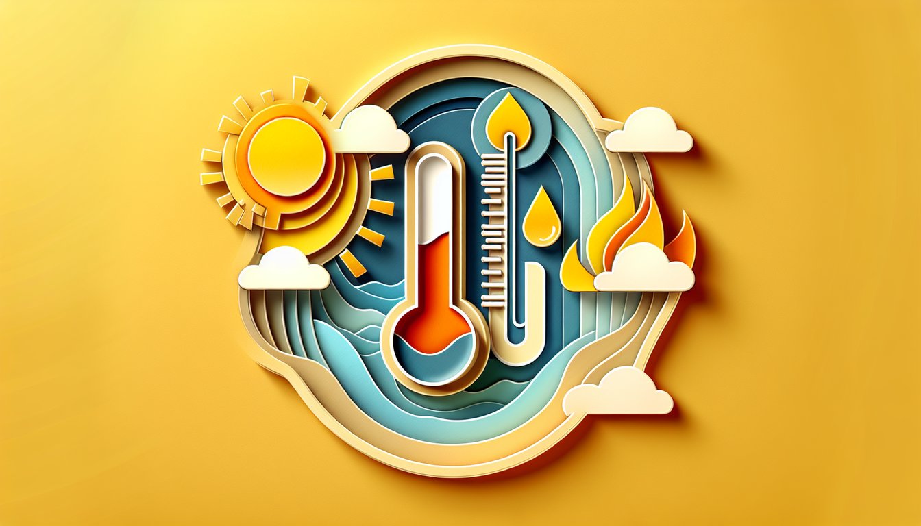 Paper art illustration for heat quiz explaining liquid thermometers on a golden yellow background
