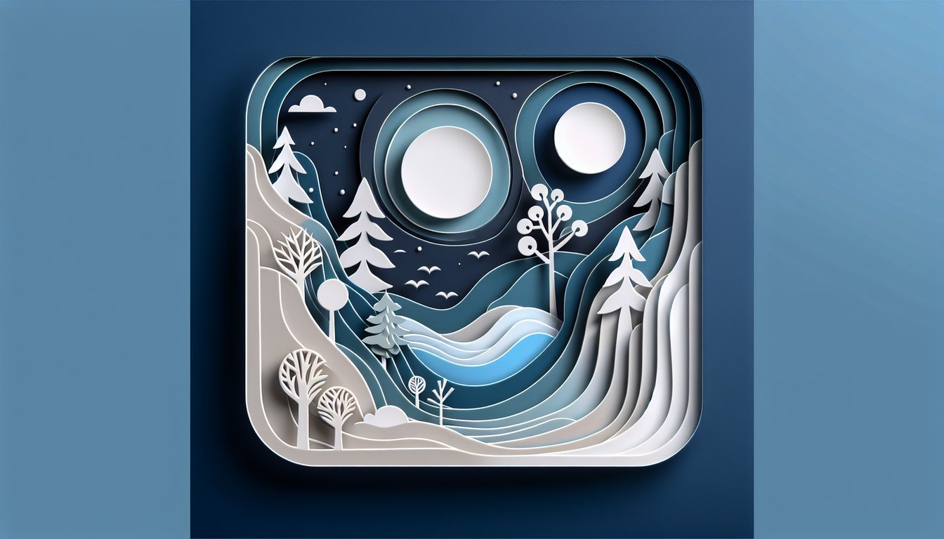 Paper cutout illustration of anxious figure surrounded by floating shapes and question mark icons on dark blue background