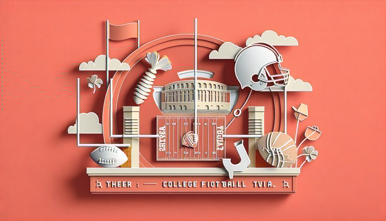 Paper art style football helmet trophy quiz icons on coral background inviting college football trivia challenge.
