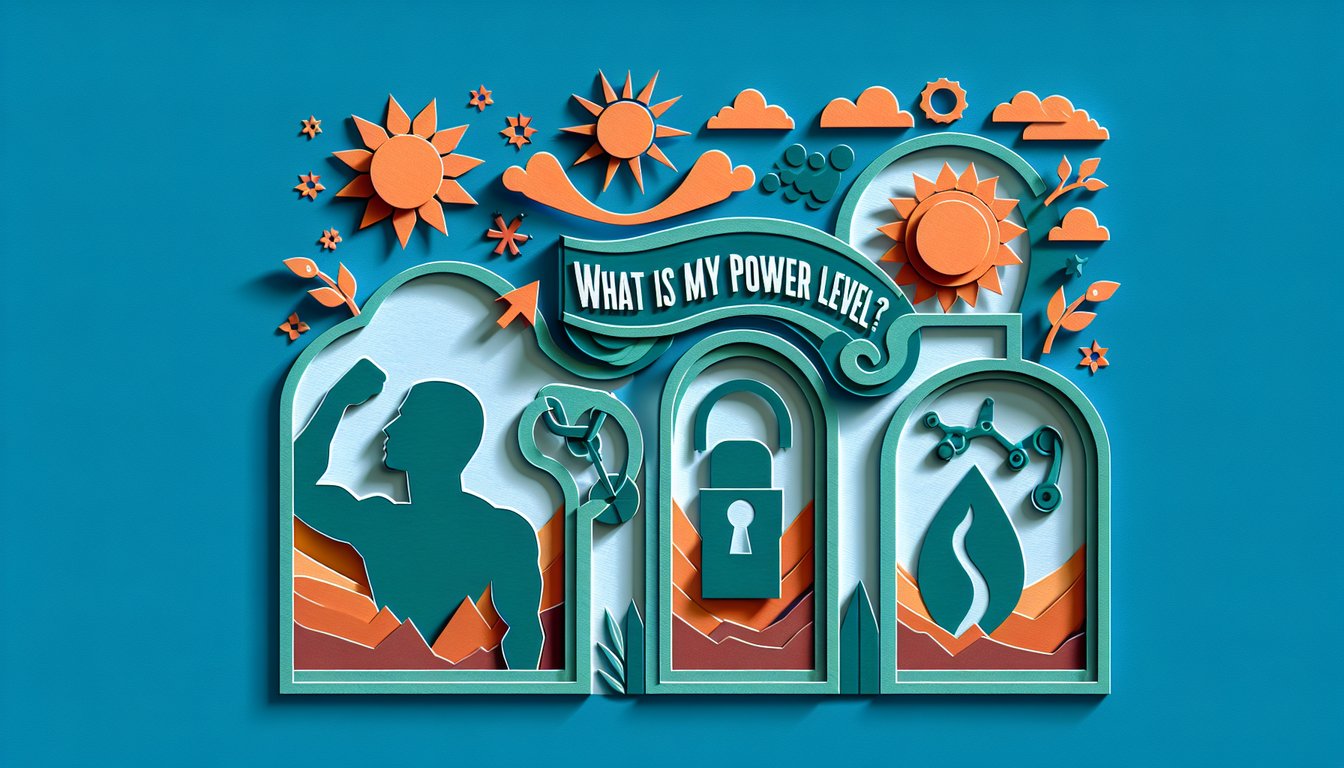 Paper art of lightning energy bursts around quiz title What Is My Power Level on a teal background