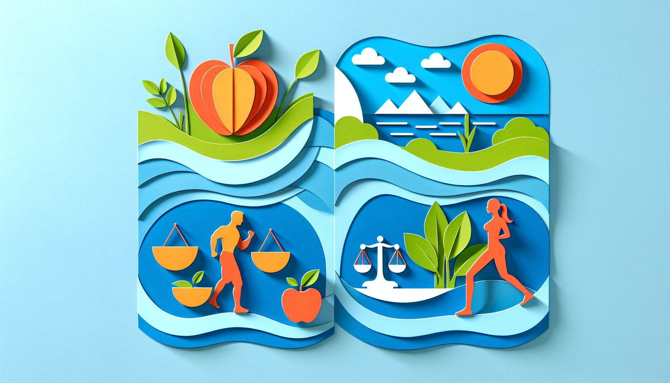 Paper art illustration for Am I Healthy quiz on nutrition, fitness, rest, stress with wellness tips on sky blue background