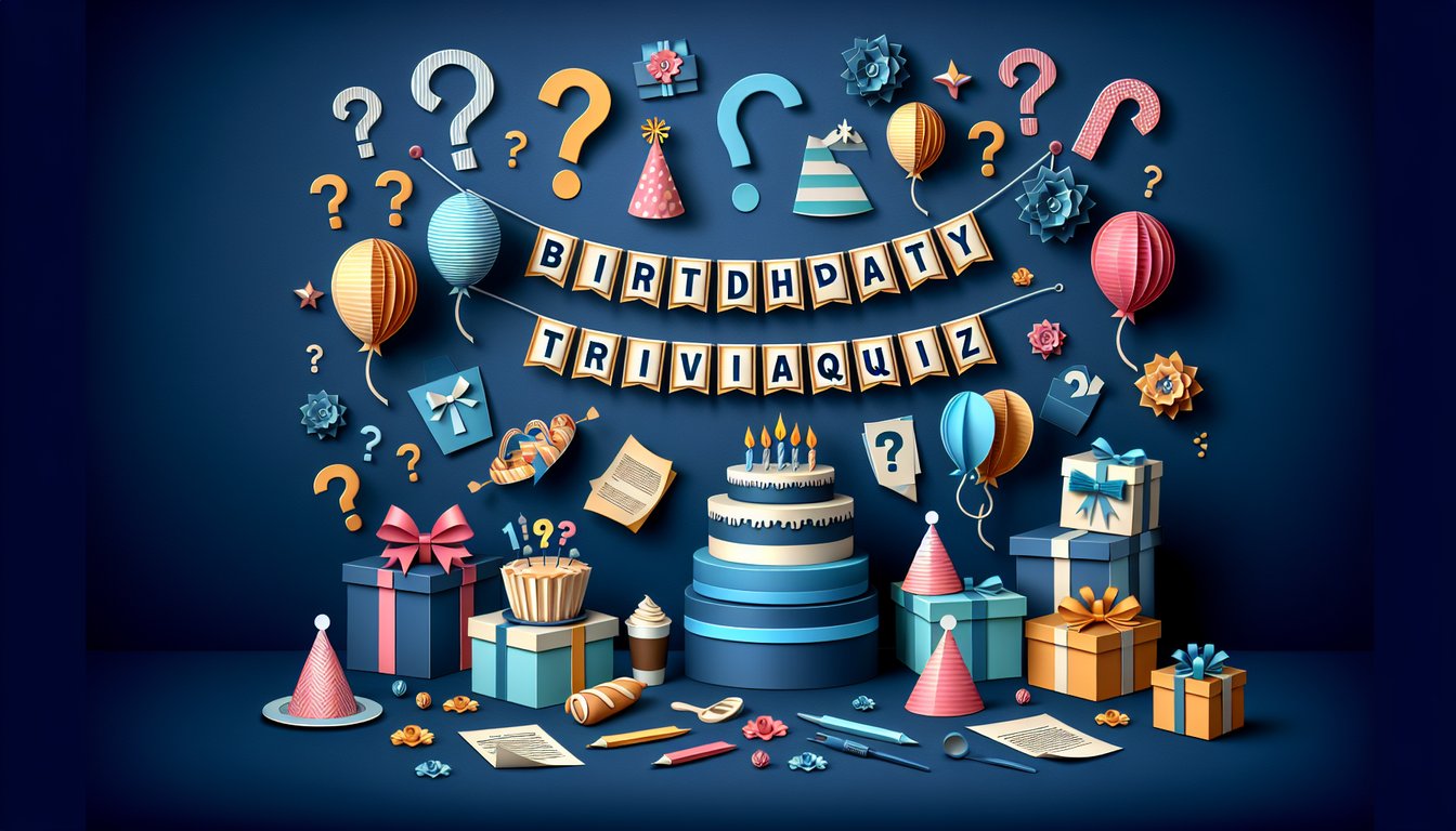 Colorful paper art representing questions and elements related to a Birthday Party Trivia Quiz.
