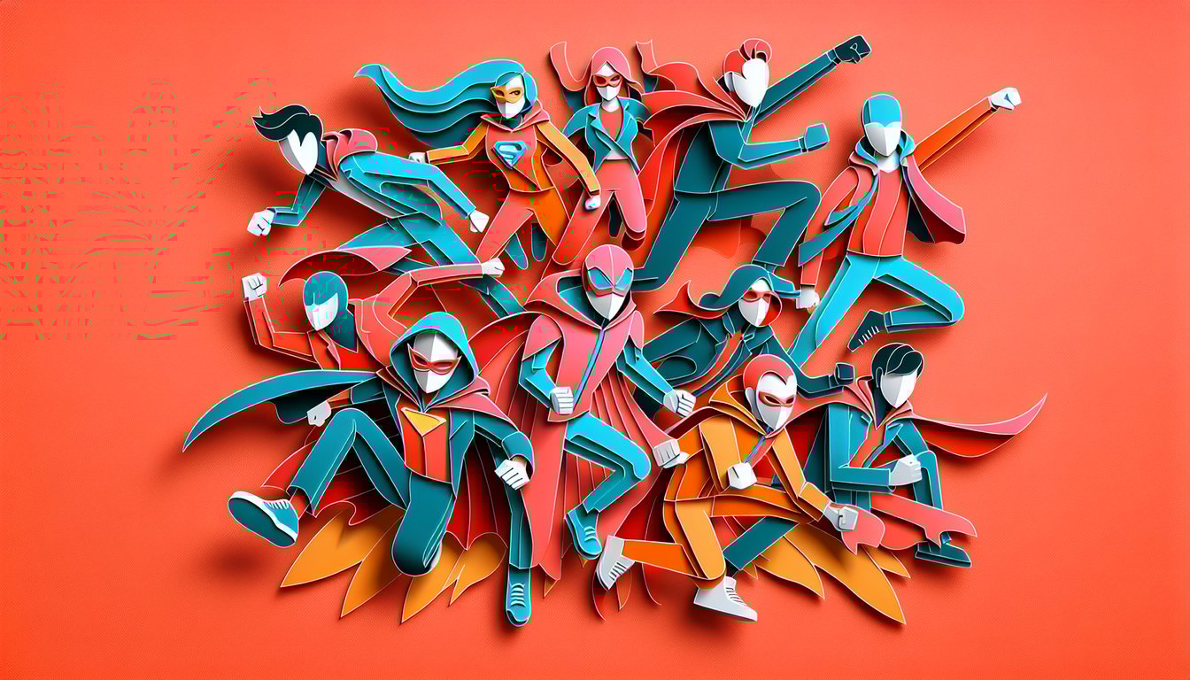 Paper art illustration for Avengers identity quiz on a coral background