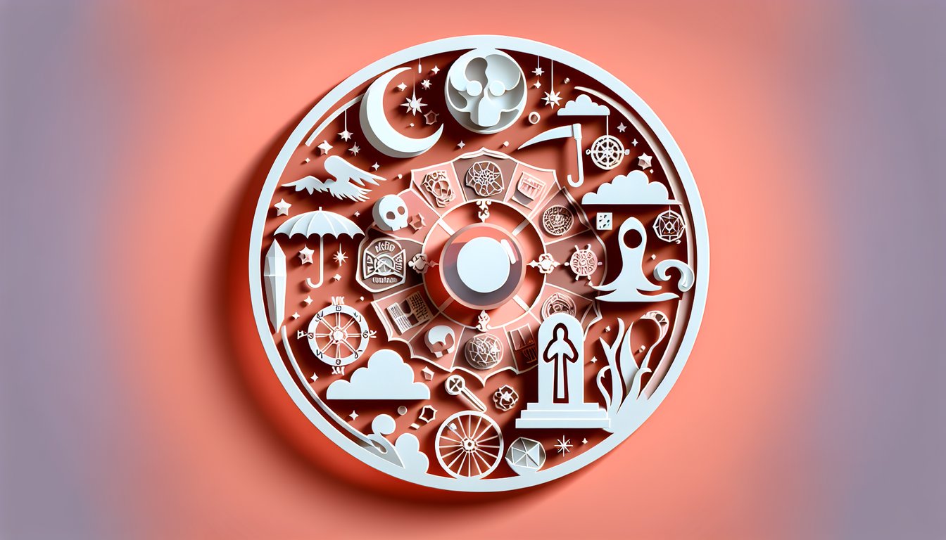 Paper art illustration for a death prediction personality quiz on a coral background