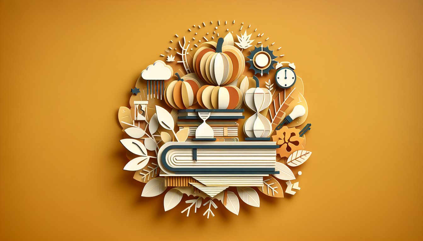 Paper art illustration for autumn knowledge trivia quiz on a golden yellow background.
