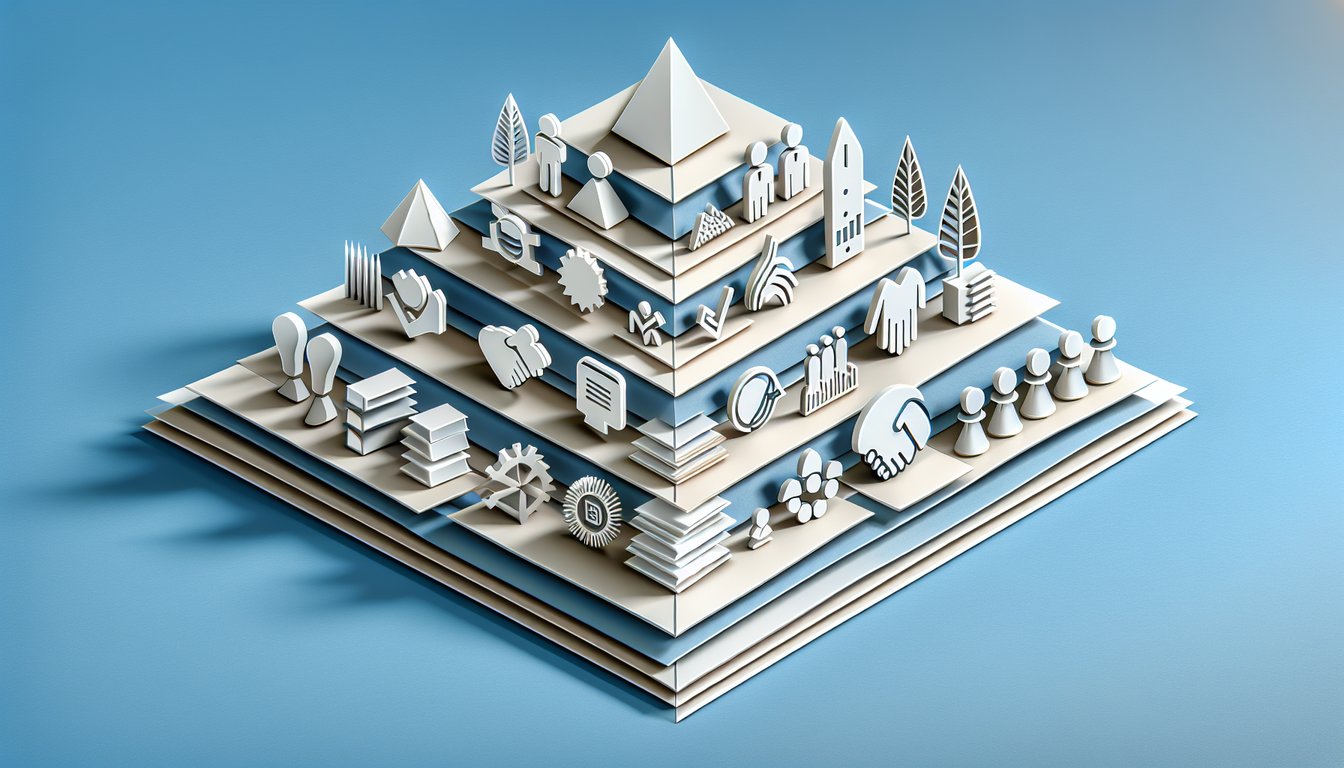 Paper art shows people ascending Maslow hierarchy pyramid with teamwork and gears for management on sky blue background