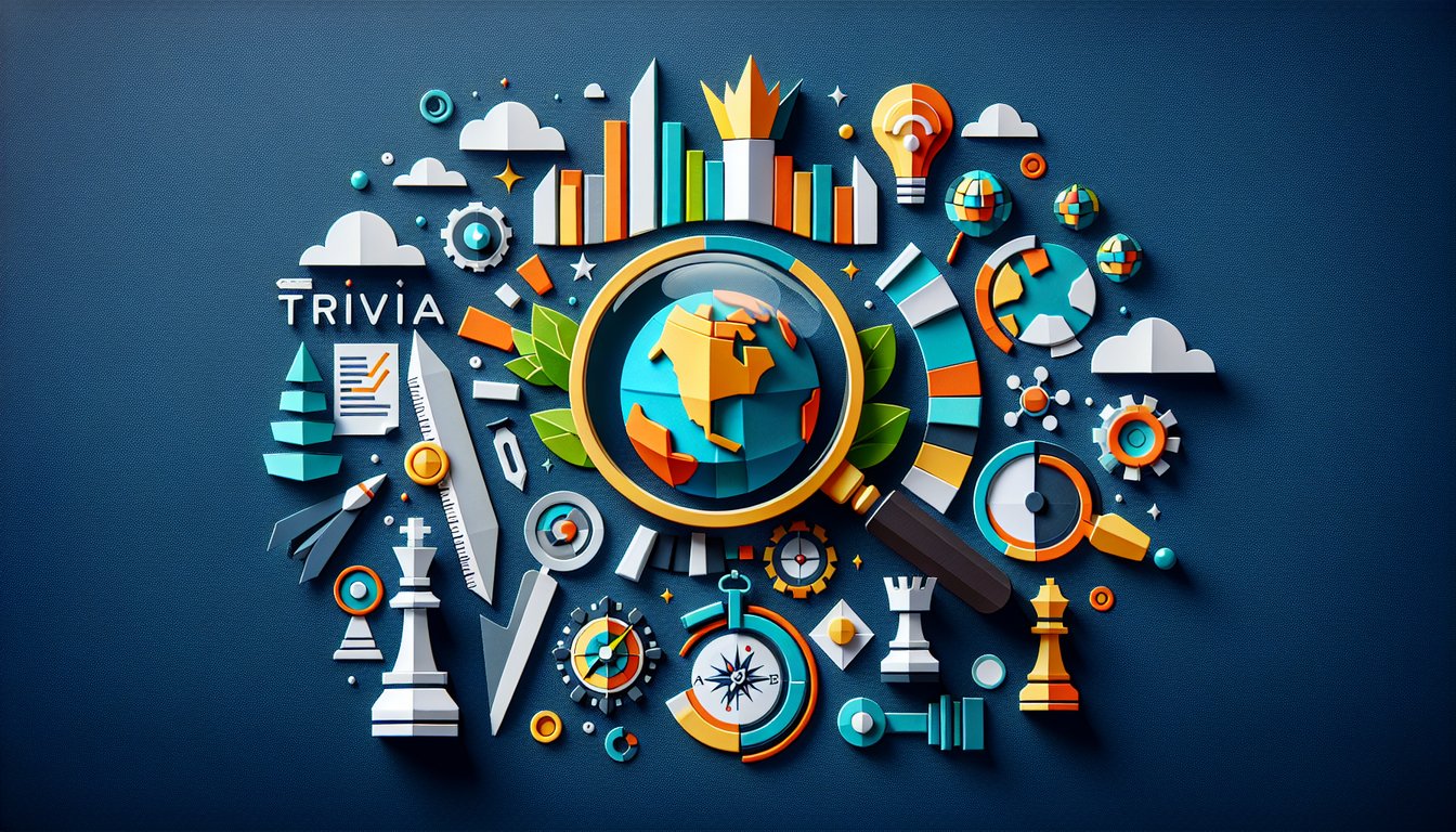 Colorful paper art depicting a corporate vision mission quiz scene.