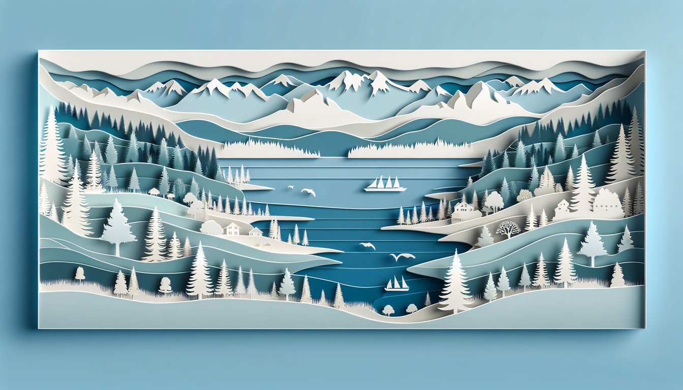 Paper art map of Washington State showing Cascades Mountains, Puget Sound, quiz title on sky blue background